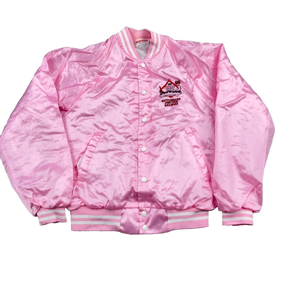 Vintage Satin Jacket Men Medium Pink Bomber Windbreaker Rattlesnake Railroad 90s